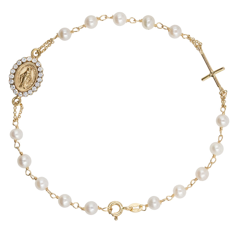 Miraculous Medal and Sideway Cross Gold Bracelet with pearls