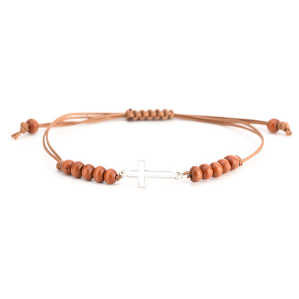 Sideway cross bracelet with brown rope
