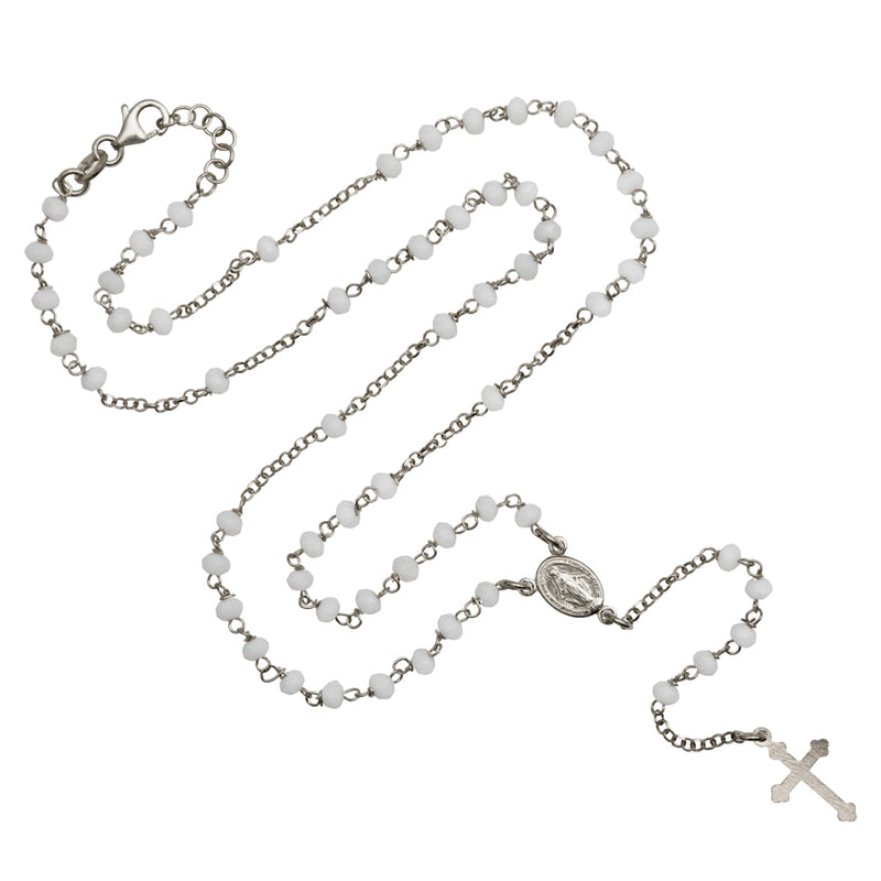 rosary necklace with white beads and sterling silver binding