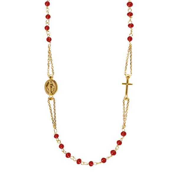 Miraculous medal and sideway cross necklace with corals in yellow gold