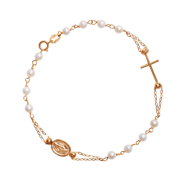 18K rose gold rosary bracelet with white freshwater pearls
