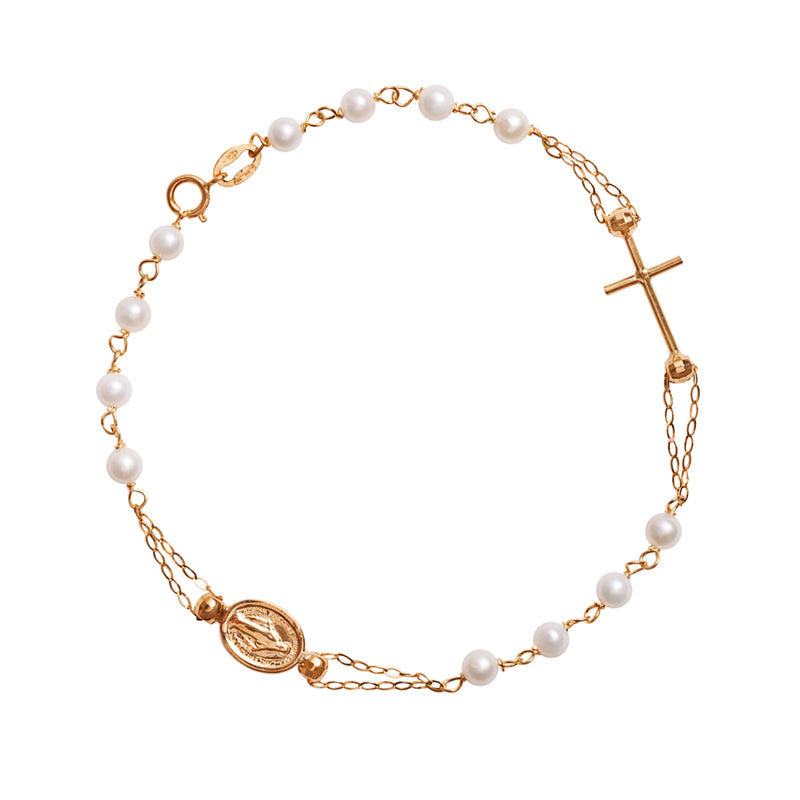 18K rose gold rosary bracelet with white freshwater pearls
