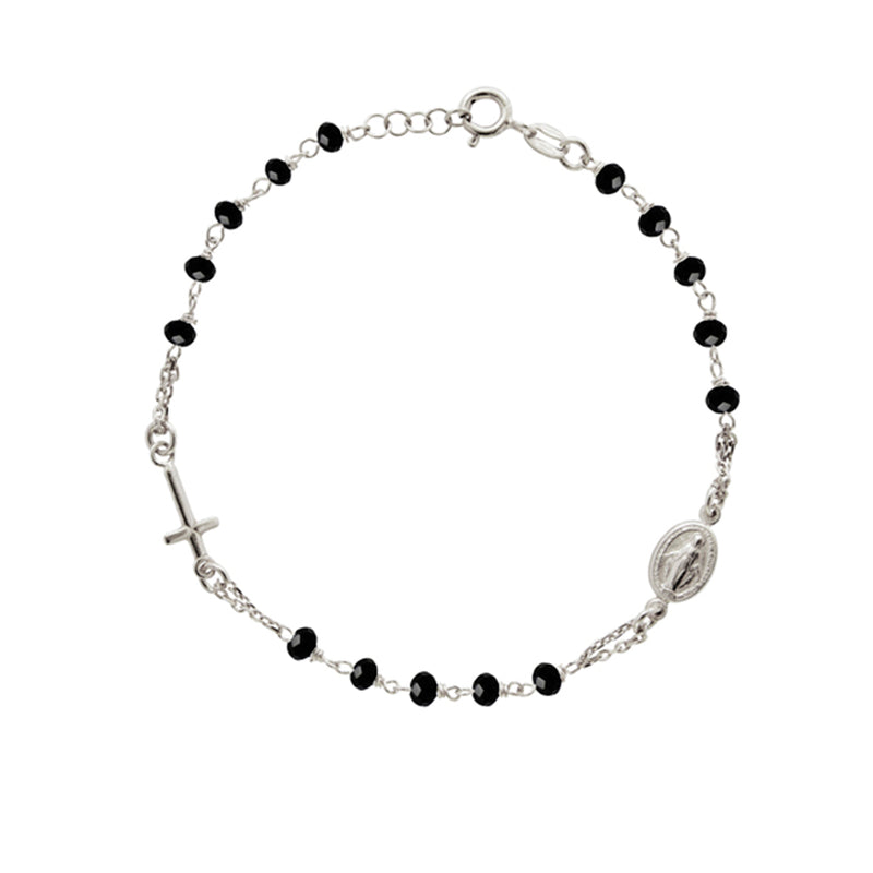 Black crystal beads Miraculous Medal and sideway cross bracelet
