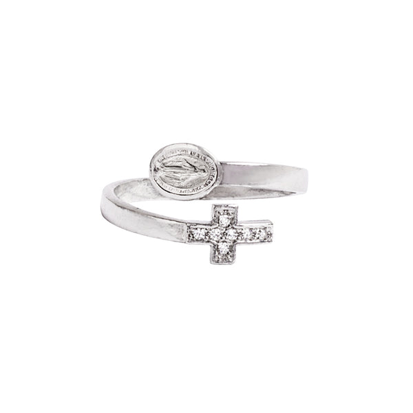 silver ring with cross and miraculous medal