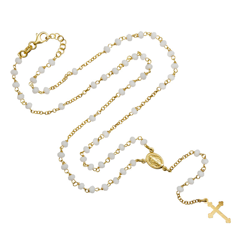 Rosary necklace with white beads and vermeil silver binding