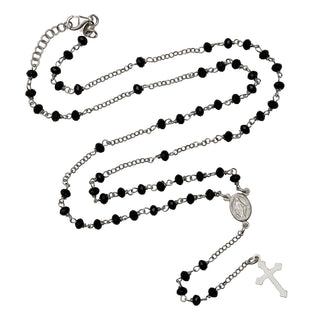 rosary necklace with black beads and sterling silver binding