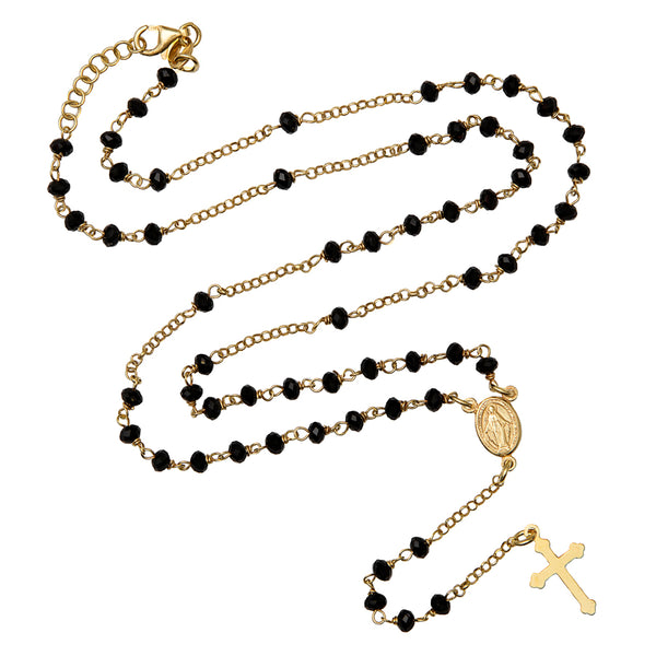 rosary necklace with black beads and golden silver binding