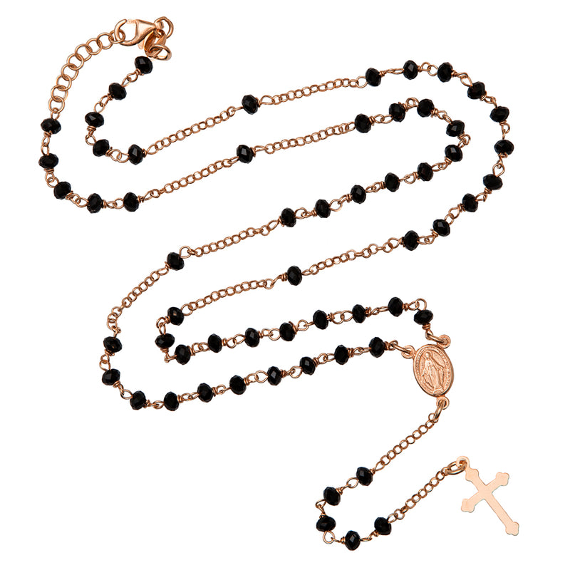 rosary necklace with black beads and rose silver binding