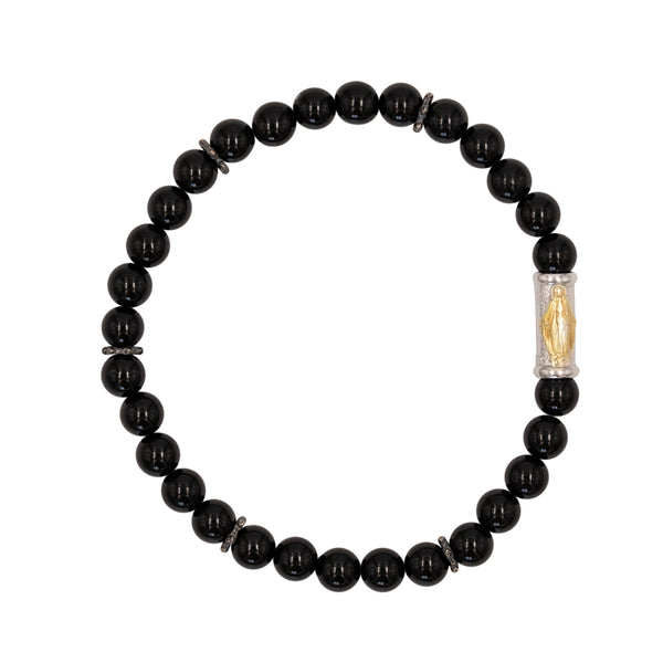 Elastic bracelet with onyx beads and Miraculous Medal