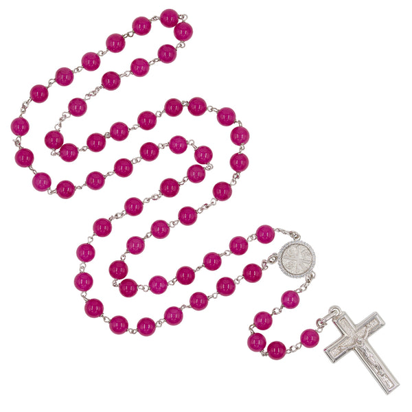 Pink agate beads rosary with sterling silver binding