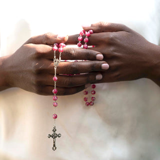 Pink Murano glass beads rosary sterling silver binding
