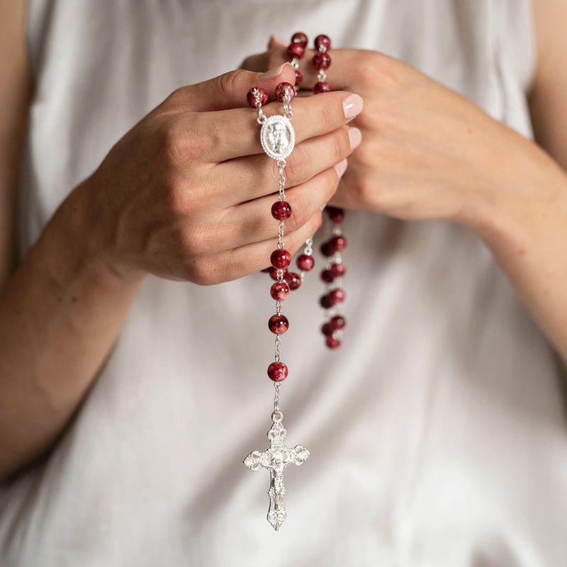 Red marble rosary metal