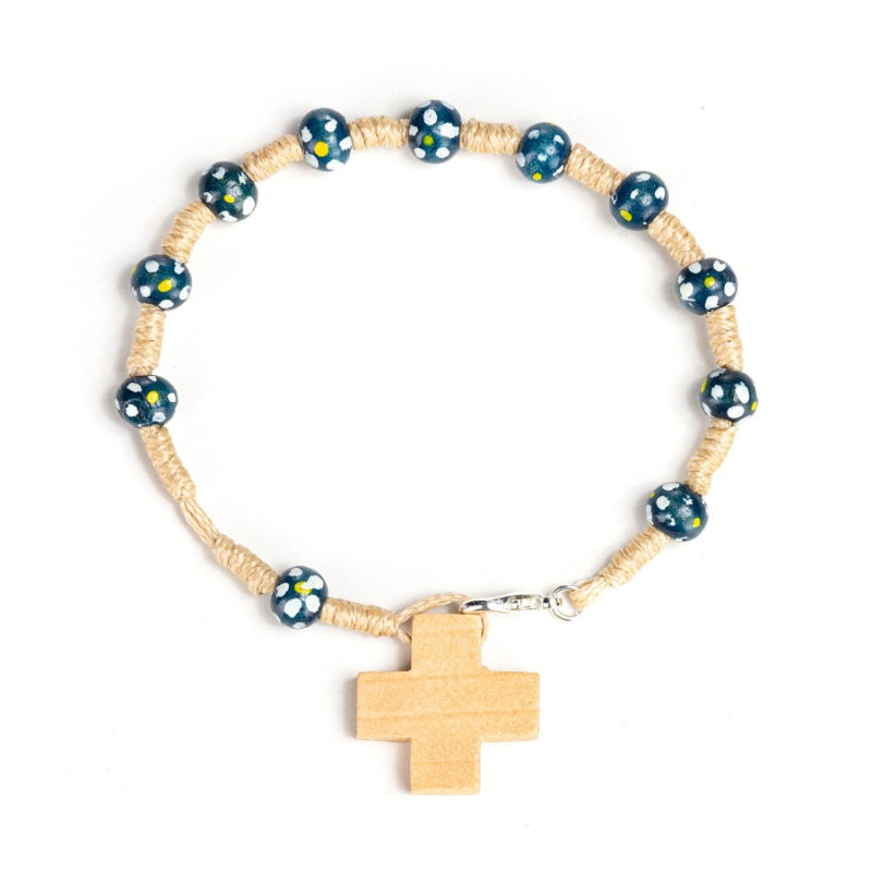 Blue wood rosary bracelet for kids
