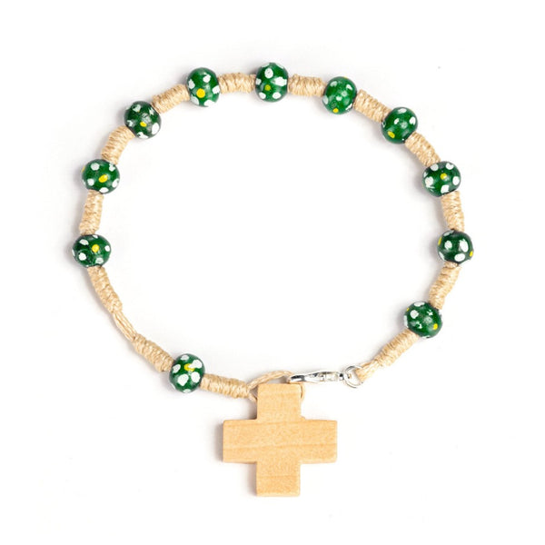 Green wood rosary bracelet for kids