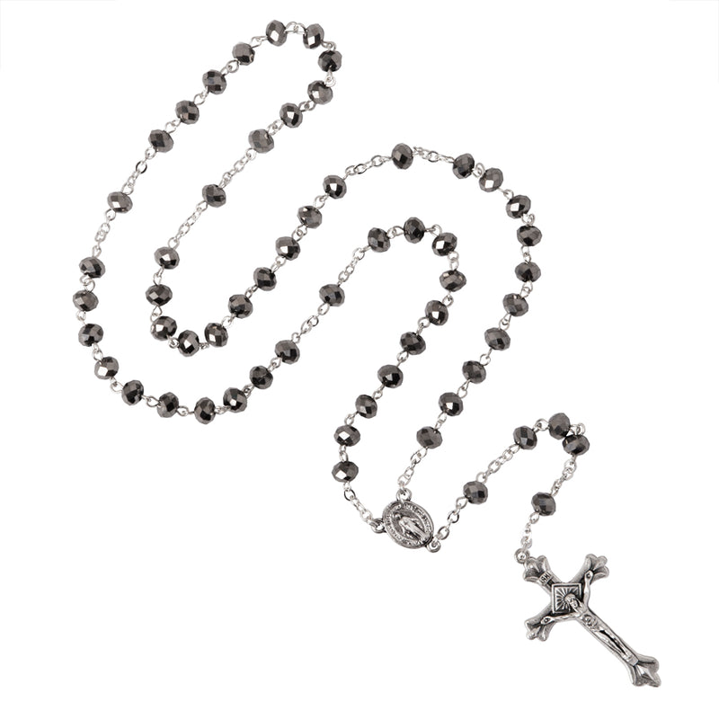 Gray semi-crystal beads rosary metal binding