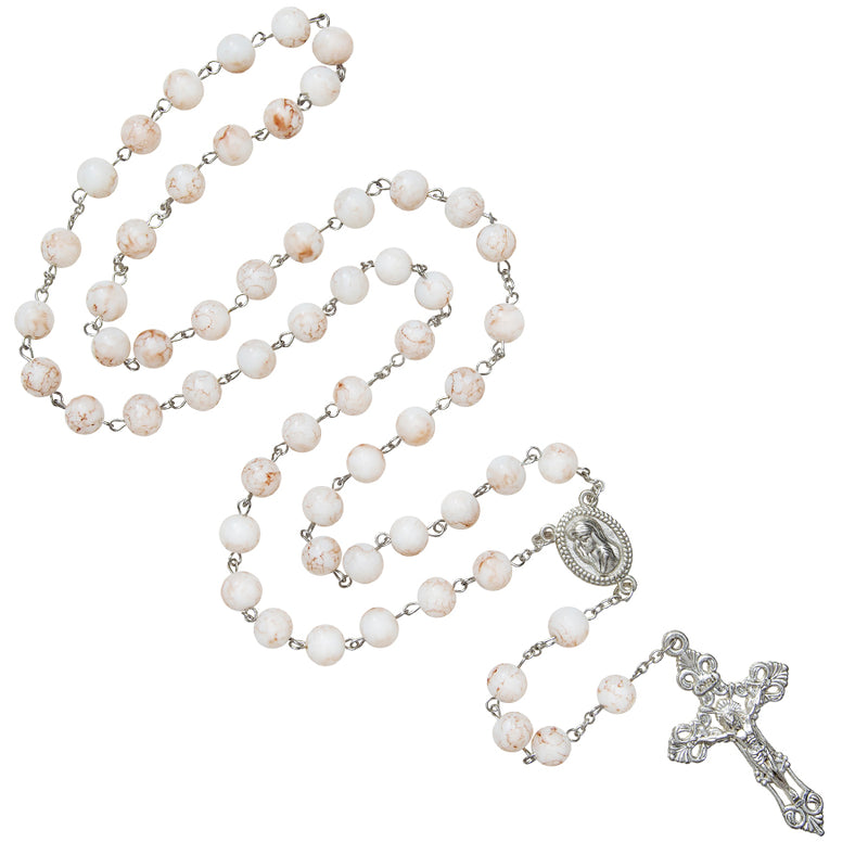 White marble rosary bead metal