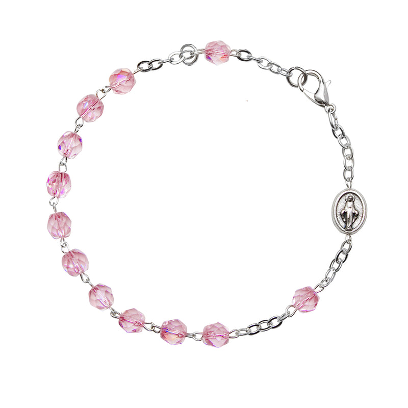 Rosary bracelet with pink semi-crystal beads