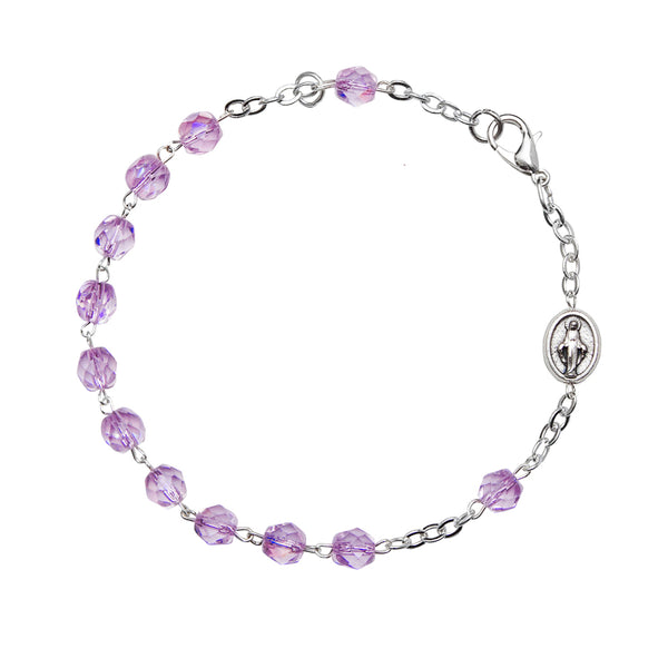 Rosary bracelet with purple semi-crystal beads
