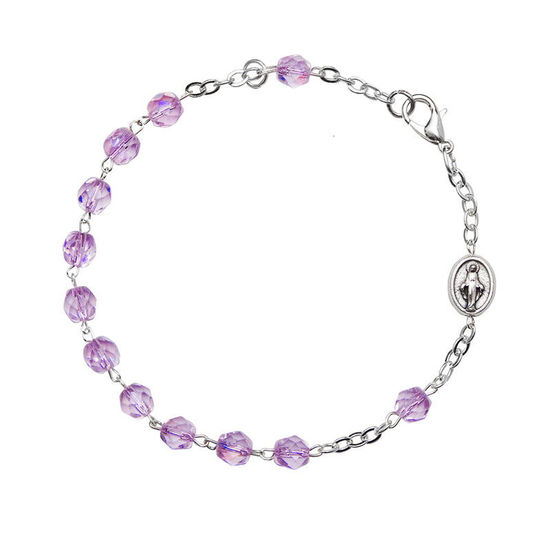 Rosary bracelet with purple semi-crystal beads