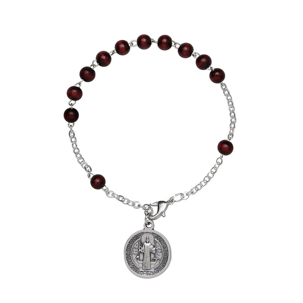 St. Benedict medal rosary bracelet with wooden beads