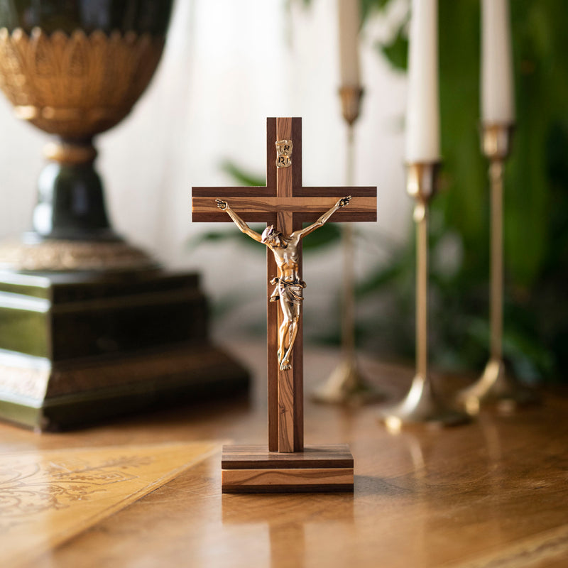 Bicolor wood standing crucifix