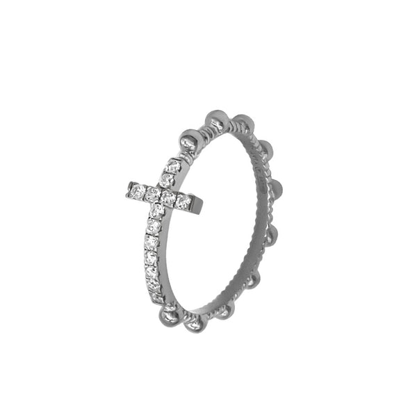 ROSARY RING WITH CROSS - SILVER AND ZIRCONIA