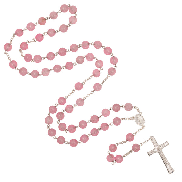 Pink quartz beads rosary with sterling silver binding