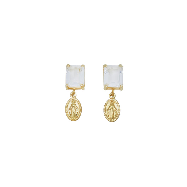 White crystal Miraculous medal earrings