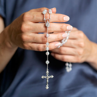 White Murano glass rosary with sterling silver binding