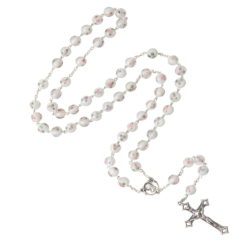 White Murano glass rosary with sterling silver binding