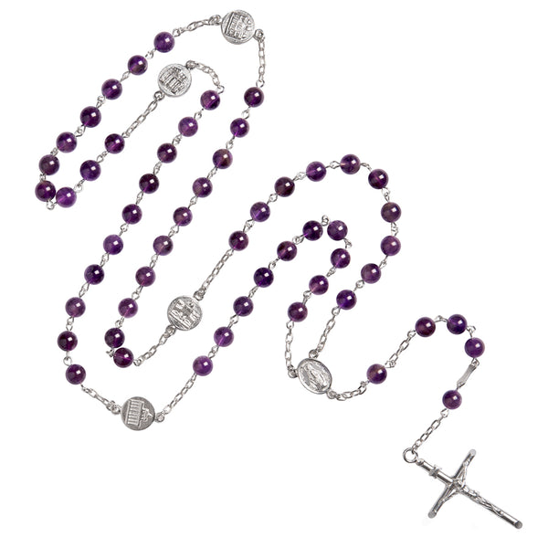 Amethyst beads rosary silver with Roman Basilicas